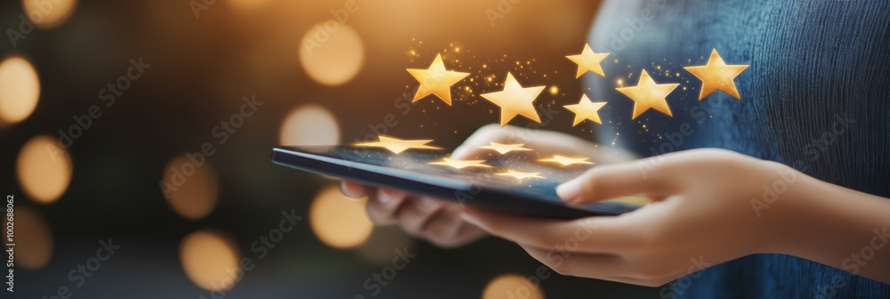 Poster a tablet displaying star ratings, highlighting customer feedback and trends in digital interactions 