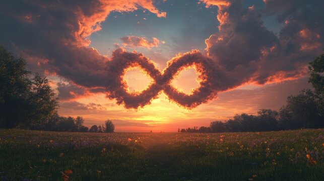 A warm evening sky with a large cloud shaped like an infinity symbol, symbolizing eternal love