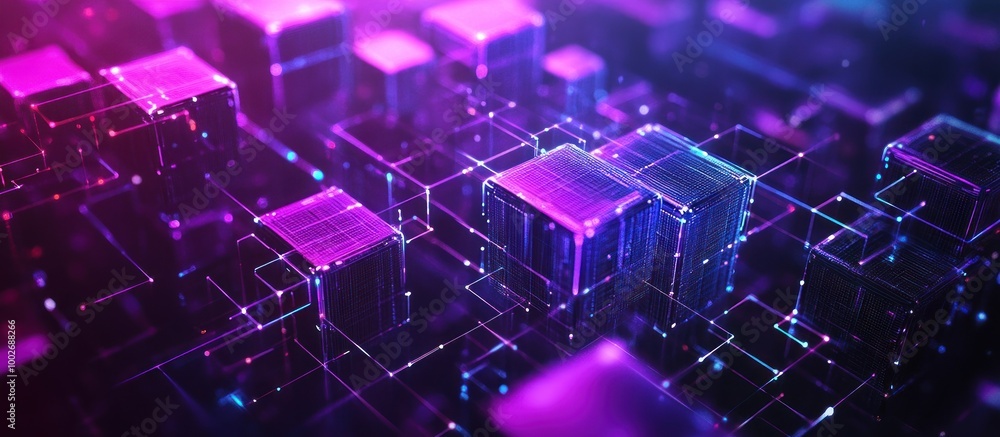 Poster abstract neon cubes connected in a grid