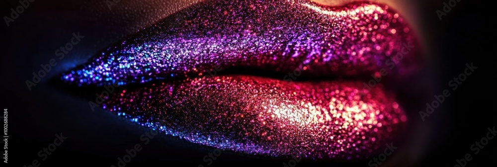 Poster Close-up of glossy lips showcasing a vibrant and shiny finish with colorful shimmer in a dramatic lighting setting. Generative AI