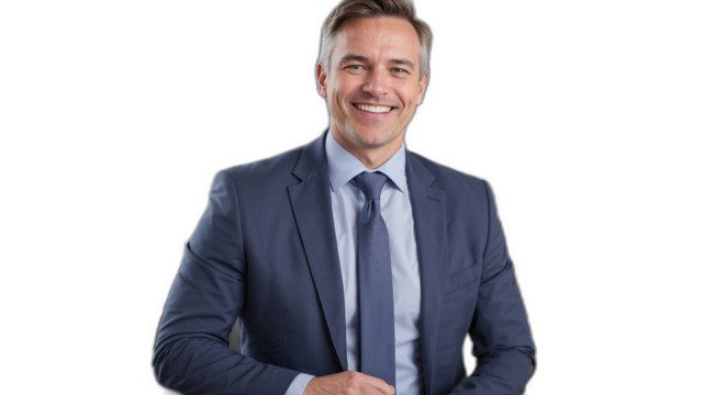 幸せそうに笑う弁護士CEOが透明な背景で描く、信頼と成功の象徴。生成AI