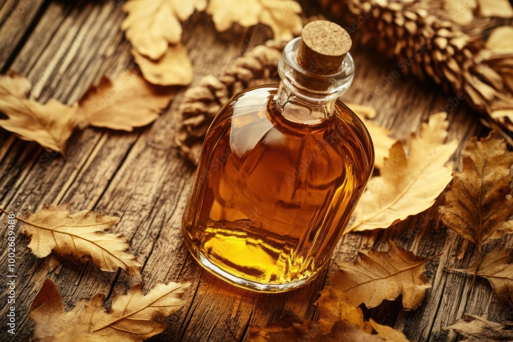 Poster A close-up view of a whiskey bottle surrounded by autumn leaves and pine cones on a rustic wooden table during fall. Generative AI