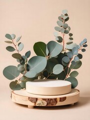 ユーカリの葉と木製スタンドを使用したナチュラルモックアップ   -  シンプルでナチュラルなデザイン背景：クリエイティブプロジェクトに最適