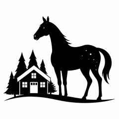 Christmas Cottage Farm Horse Black silhouette