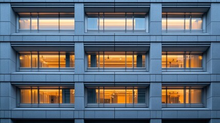 A Perspective Framing Photo of a Modern Office Building with Windows, Set Against a Smooth Gray Facade, Capturing a Sense of Urban Architecture and Modern Design