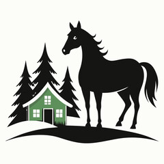 Christmas Cottage Farm Horse Black silhouette