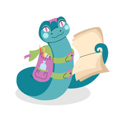 Funny snake with school backpack and book. School education. Symbol of new year.
