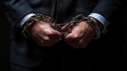 Hands in handcuffs held tightly against a business suit