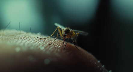 Fototapeta premium Close-Up of a Mosquito Biting Human Skin: Detailed Macro Shot