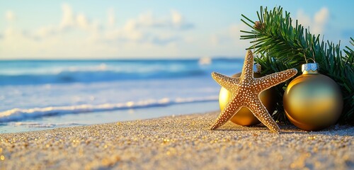 Beachside Christmas theme with a starfish and festive ornament decor.