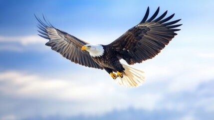 Bald Eagle Soaring Through Clouds with Wings Spread, Capturing Freedom and Majestic Power