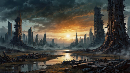 Naklejka premium Dystopian Sunset: Remnants of a Fallen Civilization