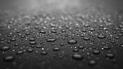 Numerous tiny droplets of rain adorn a smooth, monochrome expanse, forming an intricate and abstract pattern. 