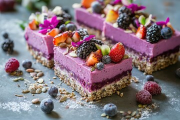 Vegan Cake. Raw Fruit and Seed Cake Decorated with Flowers, Organic and Delicious Dessert