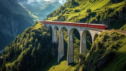 Viaduct in Switzerland: Landwasser Viaduct with Glacier Express Train Running in Alpine Landscape