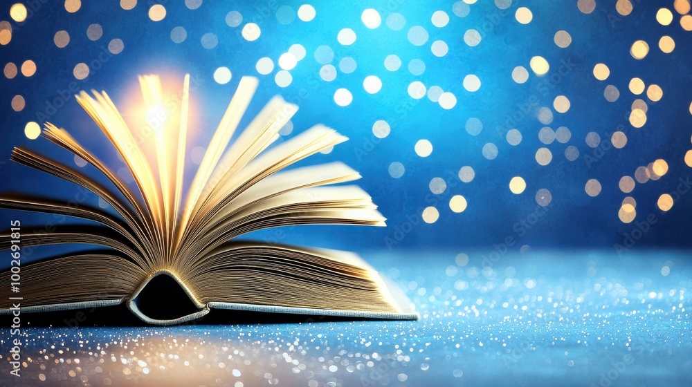 Poster glowing open book with soft light on table
