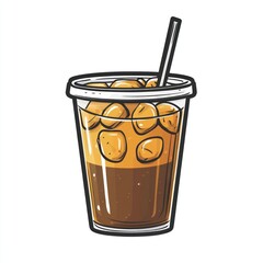 A glass of iced coffee with ice cubes and a straw.