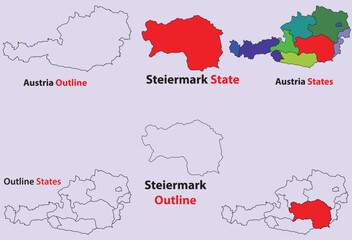 Steiermark map vector of Austria, Steiermark line map, Steiermark with city map, Steiermark outline map
