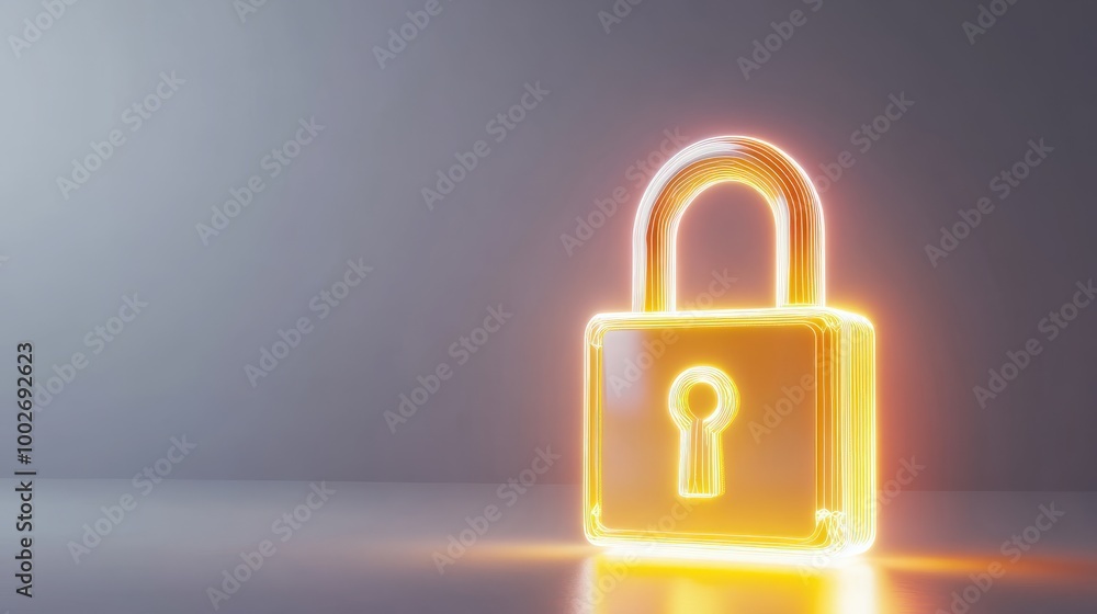 Poster a digital security lock glowing on a gray background, symbolizing cybersecurity and data protection