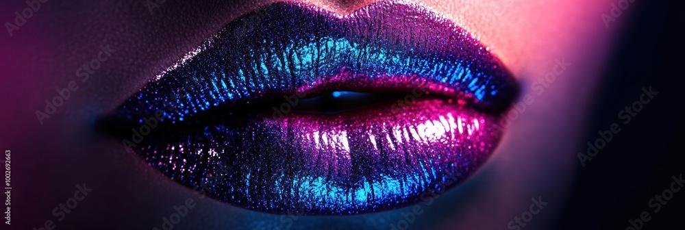 Aufkleber Glossy close-up of vibrant lips enhanced with a shiny finish in a striking neon setting during the evening hours. Generative AI