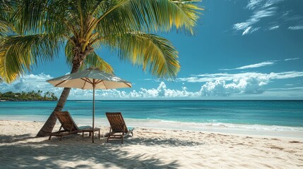 Idyllic tropical beach scene with palm trees and lounge chairs