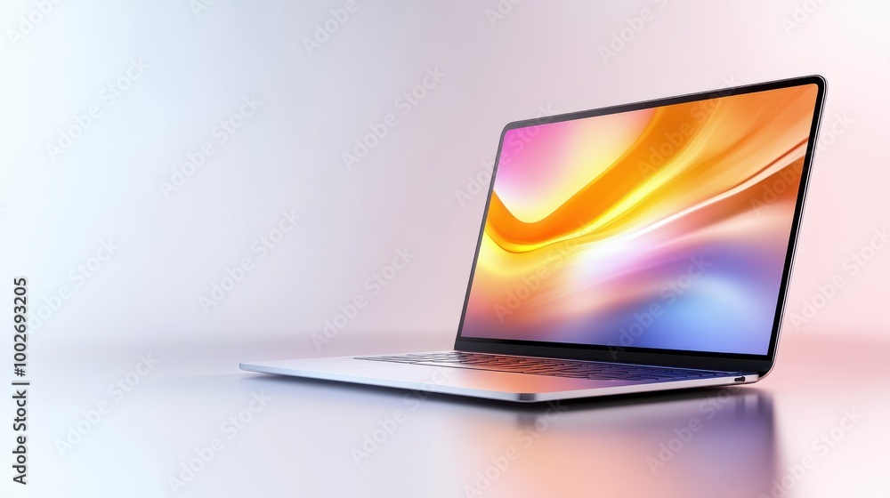 Poster a high-resolution laptop screen displaying a vibrant digital workspace, placed on a white background