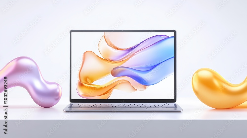 Poster a high-resolution laptop screen displaying a vibrant digital workspace, placed on a white background