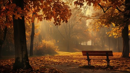 A painting of a bridge over a river with autumn leaves