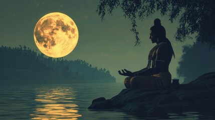 Shiva meditating by a tranquil river, the reflection of the moon on the water, symbolizing deep inner stillness, Shiva, meditation, tranquility