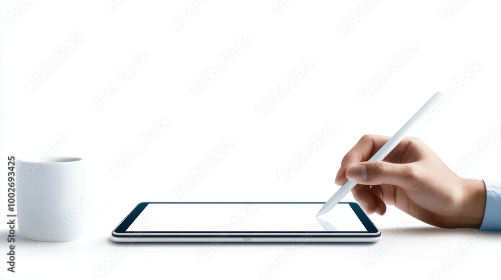 Poster a person using a tablet with a stylus, isolated on a white background. tech-focused and creative, pe