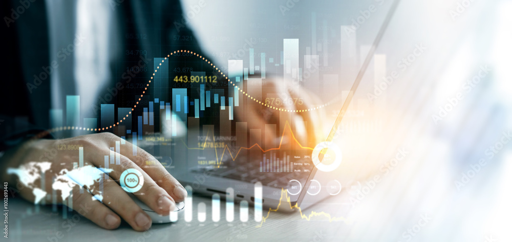 Poster Business development strategy,analysis and planning.Businessman using laptop for analyzing data sales and financial graph chart. Financial marketing graph and profit stock market.