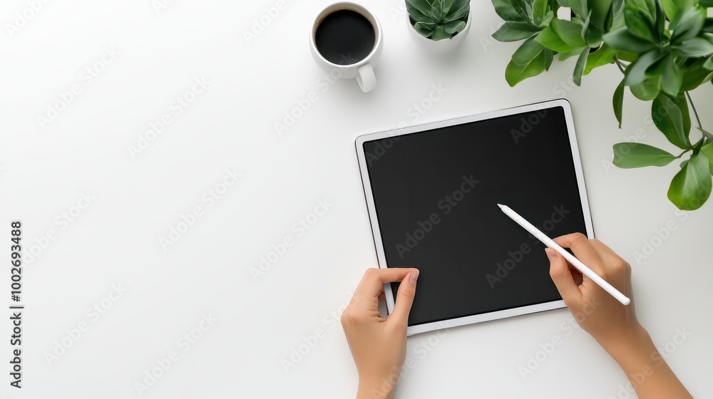 Poster a person using a tablet with a stylus, isolated on a white background. tech-focused and creative, pe