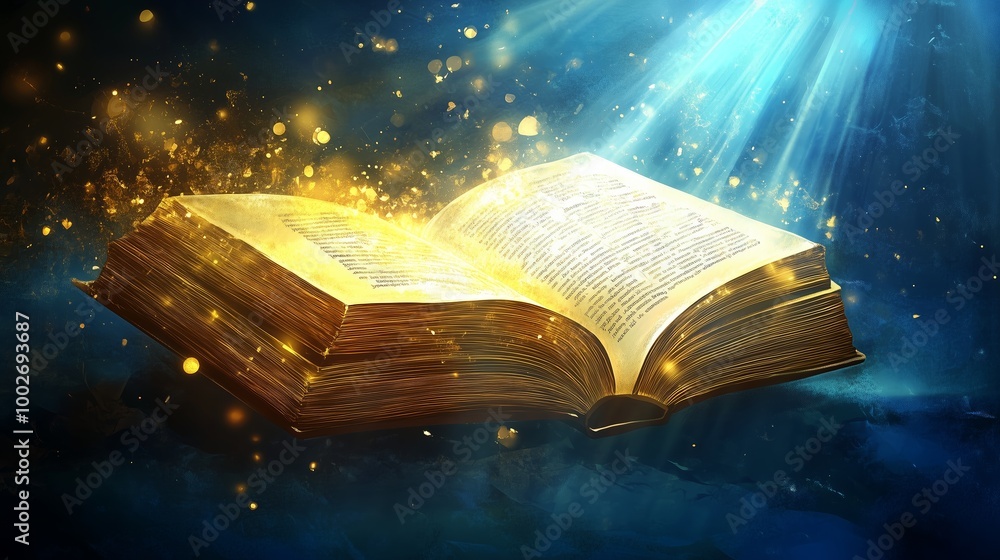 Poster an illuminated open book surrounded by golden sparkles emanating light in a dark, mystical setting