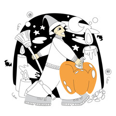 Vector stylization in flat or doodle style on the theme of Halloween. A guy goes with a broom in his hand and a pumpkin to the Halloween holiday.