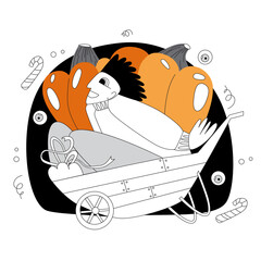 Vector stylization in flat or doodle style on the Halloween theme. A guy rides in a cart with pumpkins.