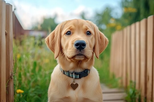 Adorable Golden Retriever Puppy Sitting Close to Its Owner with a Heart-Shaped Collar Tag, Expressing Unconditional Love and Loyalty, A Symbol of True Friendship