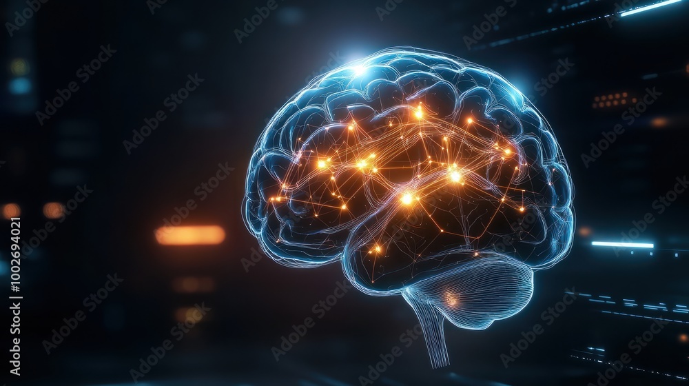 Poster abstract ai brain glowing with neural connections on a black background, representing artificial int