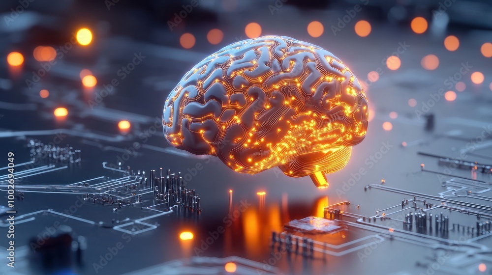 Poster abstract concept of ai and machine learning with glowing brain-like circuits on a gray background, s