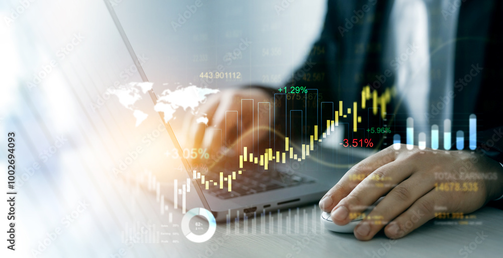 Aufkleber Business development strategy,analysis and planning.Businessman using laptop for analyzing data sales and financial graph chart. Financial marketing graph and profit stock market.