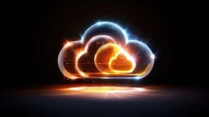 Abstract concept of cloud computing with glowing cloud icons on a black background, perfect for tech visuals