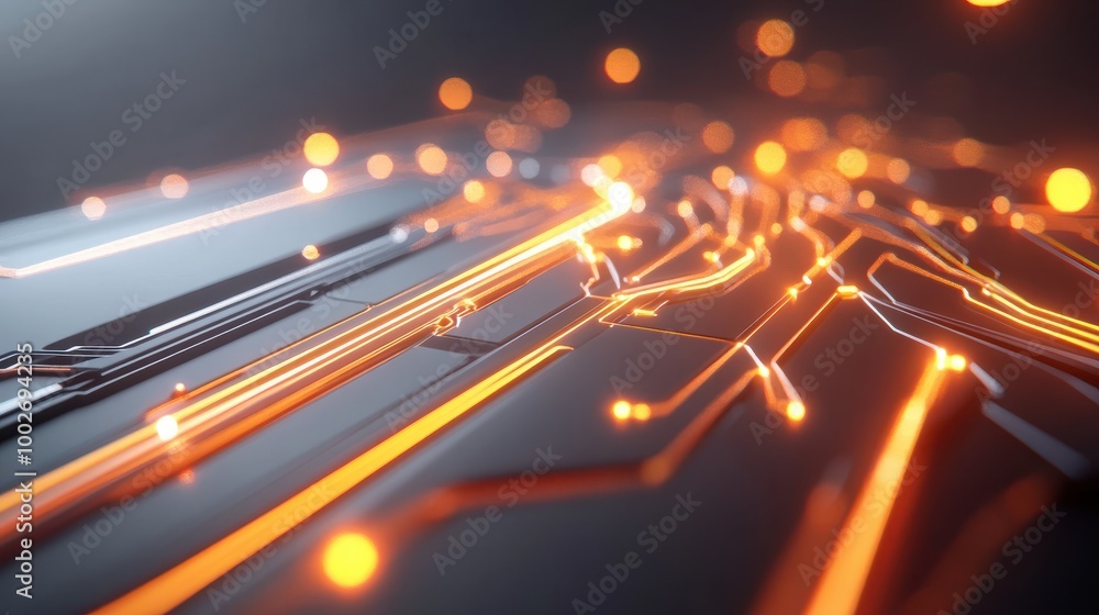 Poster abstract data flow with glowing circuits and digital connections, floating on a gray background