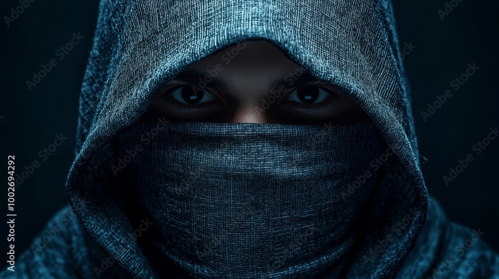 Poster A person wearing a hoodie and a scarf is looking at the camera