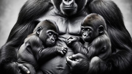 Two babies are lying on the belly of a large black gorilla with their eyes closed