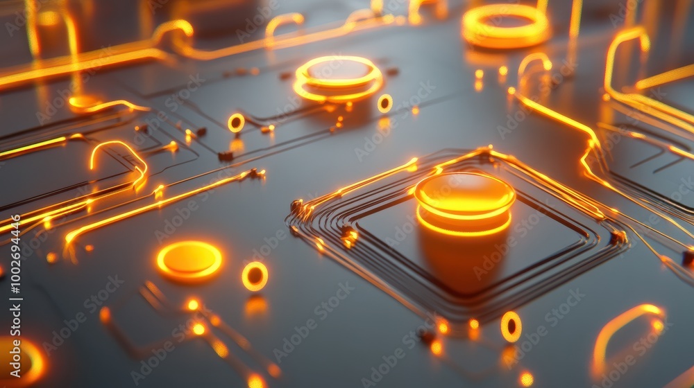 Poster abstract floating holographic circuits and data streams, glowing on a gray background