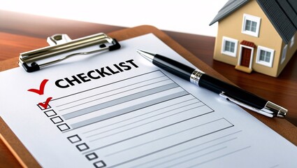 Organized Checklist Close-Up of a Marked List on a Clipboard with Pen and Model House in Background