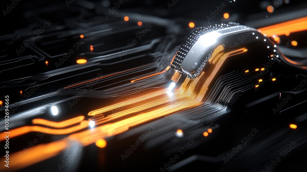 Poster abstract glowing data flow and circuits on a black background, perfect for cybersecurity and tech vi