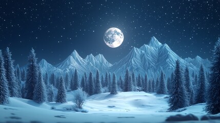 Naklejka premium Snowy winter landscape with mountains and forest under a full moon