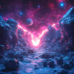 spacescape art: Asteroid Field in a Synthwave Style: A Spacescape Art Piece