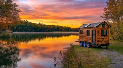 A cute model of a tiny house on wheels parked next to a tranquil lake, surrounded by trees and a vibrant sunset sky
