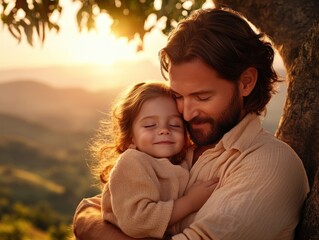Fototapeta premium Father and Daughter Embrace Under a Tree, Their Love Radiating in Nature's Embrace, A Moment of Unconditional Affection, Family Bond, and Tenderness in the Golden Hour